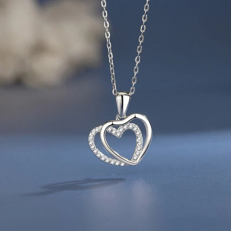 925 Sterling Silver Double Heart-shaped Necklace For Women Summer Mega Souq