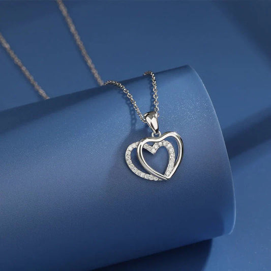 925 Sterling Silver Double Heart-shaped Necklace For Women Summer Mega Souq